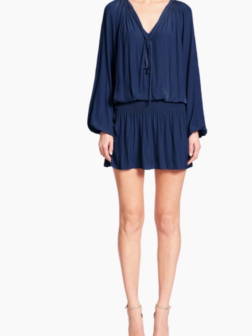 Ramy Brook Navy Pleated V-Neck Long-Sleeve Mini Dress